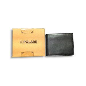 Black Smooth Leather Bifold Wallet Medium Zip Coin Pocket New w/ Dust Bag